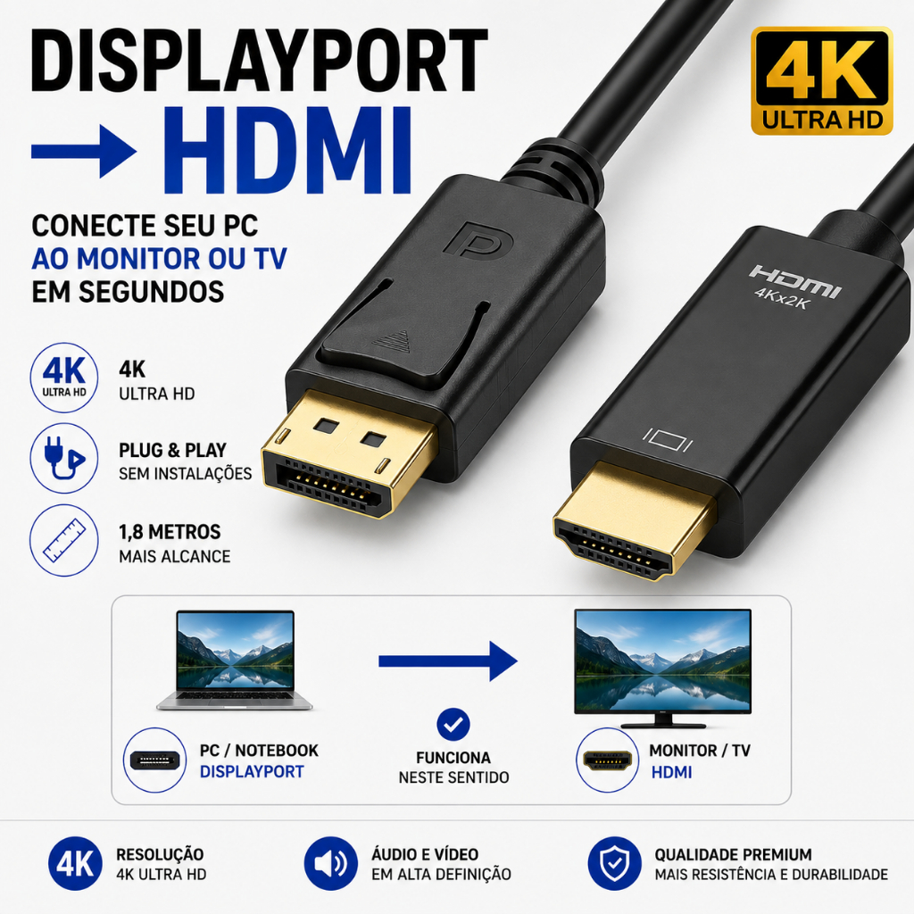 Cabo DisplayPort para HDMI 4K 1,8m PC Notebook TV Monitor