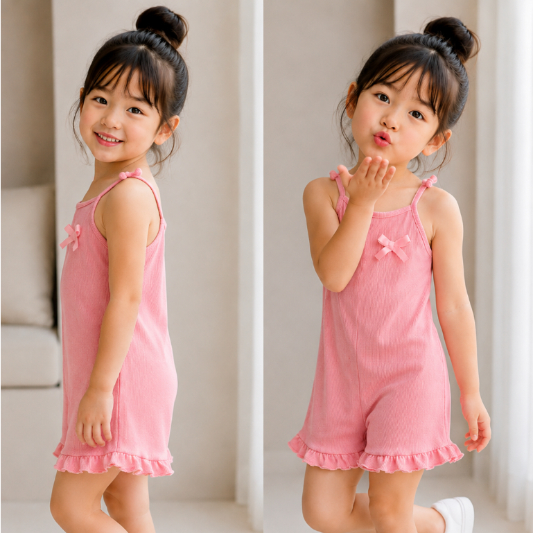 Kit 2 Macaquinhos Infantil Feminino verão Ribana Canelada com Laço e Alças de Amarrar Menina Verão Confortável Tam. 2 — imagem 2 de 2