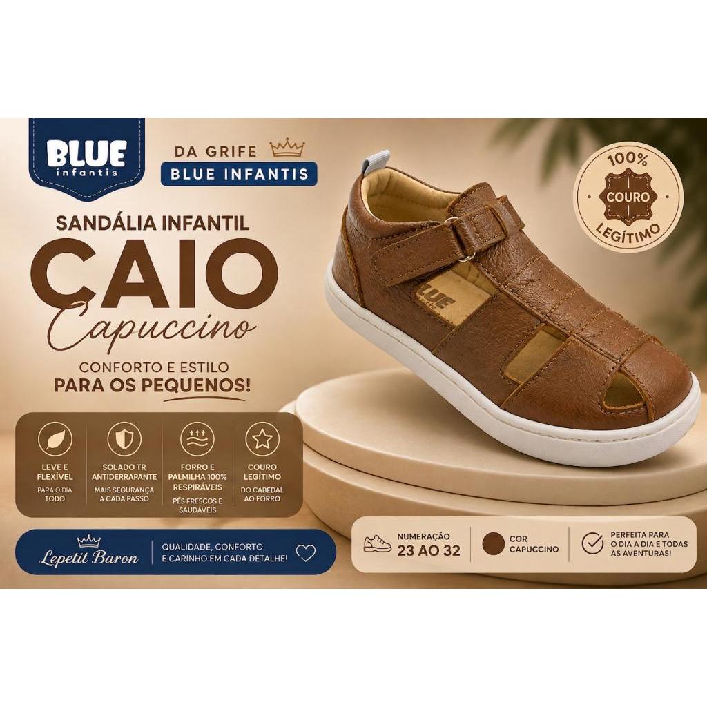 Blue Infantis Sandália Infantil Masculina Caio Couro Legítimo Capuccino Velcro Antiderrapante 23 ao 32