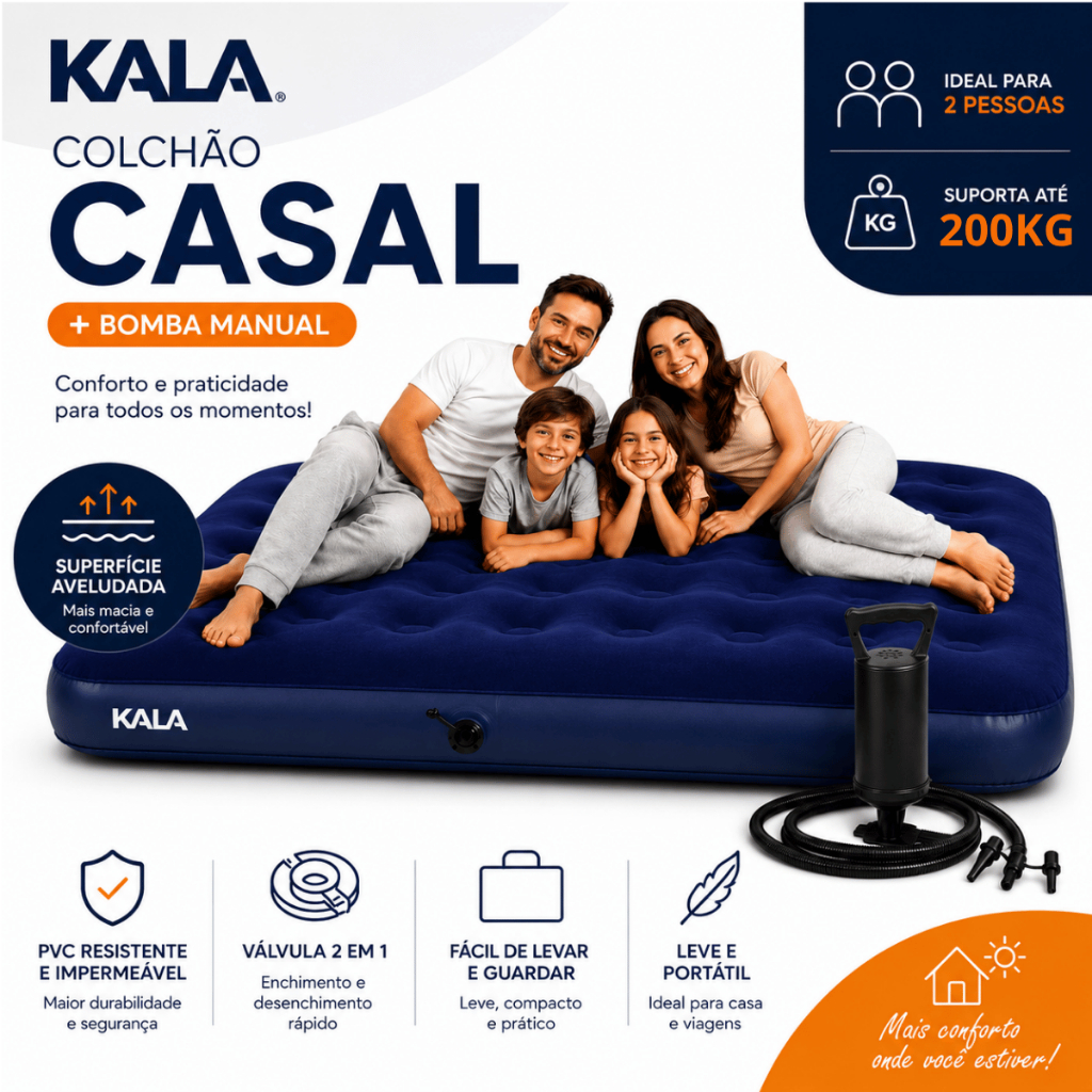 Kit Colchão Casal Inflavel Kala Resistente  Suporta 200Kg Mais Bomba Manual de Ar 3 Bicos