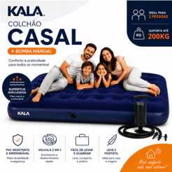 Kit Colchão Casal Inflavel Kala Resistente Suporta 200Kg Mais Bomba Manual de Ar 3 Bicos