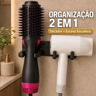 Suporte Para Escova Giratoria e Secador de Cabelo Sem Furo Organizador de Parede Para Ban…