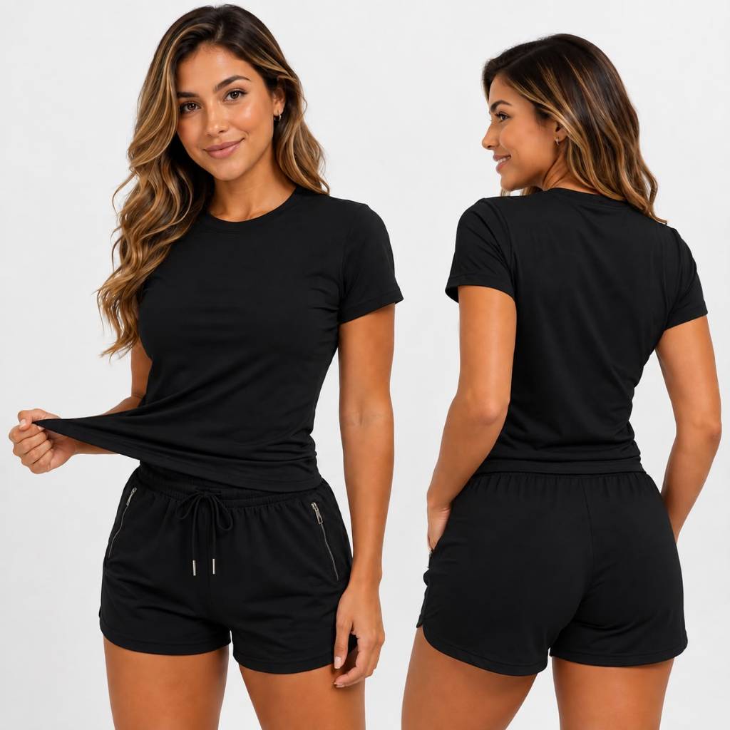 Conjunto Academia Feminino Dry Fit Short E Camiseta Fitness Elastano Luxo Verão