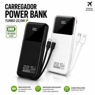 Carregador Power Bank 10000mAh Turbo 22,5W Portátil 2 Cabos Tipo-C Lightning iPhone…