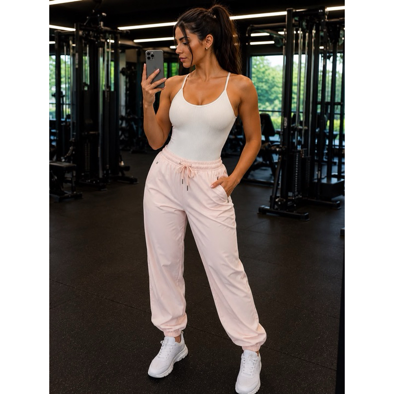 Calça Jogger Feminina Esportiva Cintura Alta Bolsos com Zíper Cordão Ajustável Casual Confortável Academia Caminhada