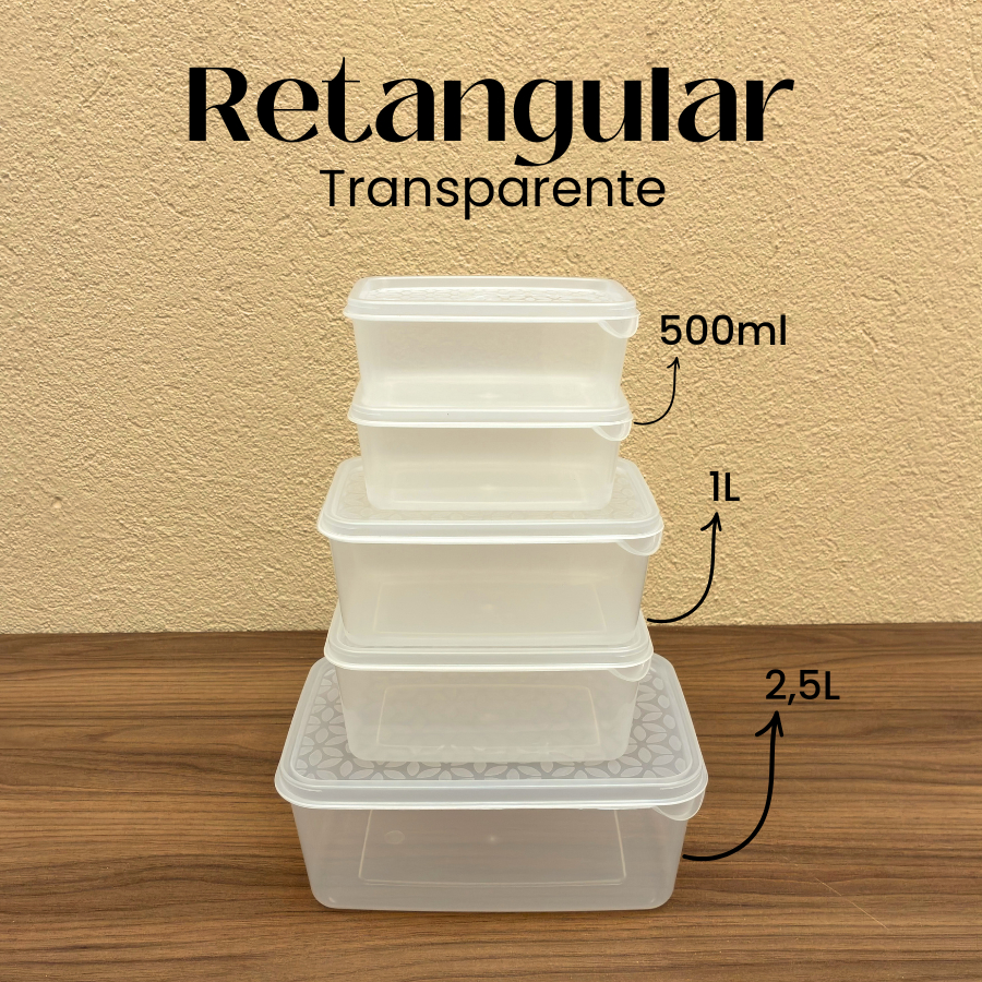 Kit 5 Potes Retangulares (500ml,1L e 2,5L) Transparentes com Tampa Marmita Mantimentos Freezer 3 e 10 unidades