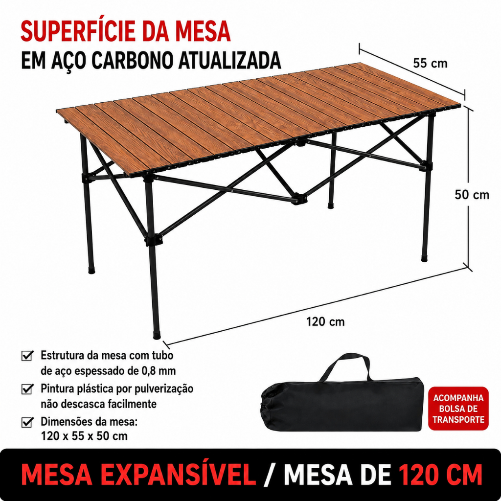 Mesa Dobrável Portátil Camping Alumínio Leve Resistente 300kg Suporta Churrasco Praia Piquenique 120x55cm