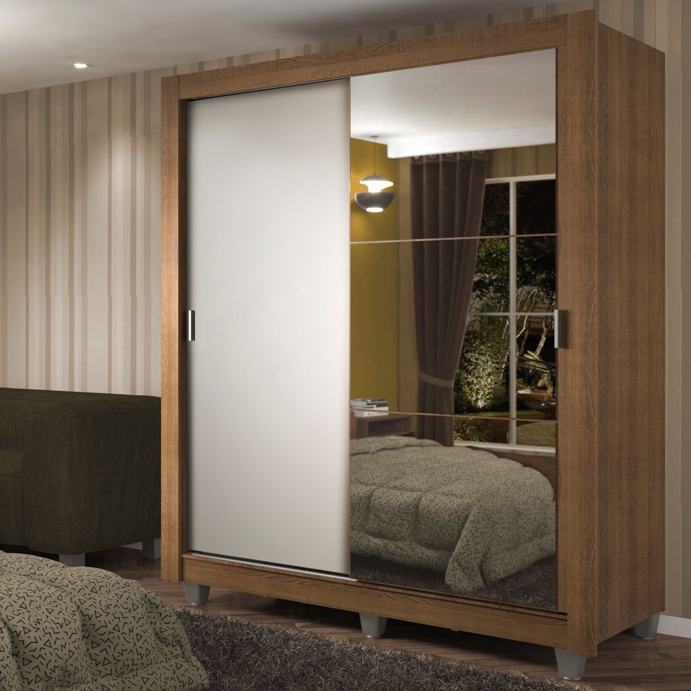 Guarda-Roupa Solteiro Madesa Dallas Plus 2 Portas de Correr Espelho 4 Gavetas c/ Pés - Rustic/Branco