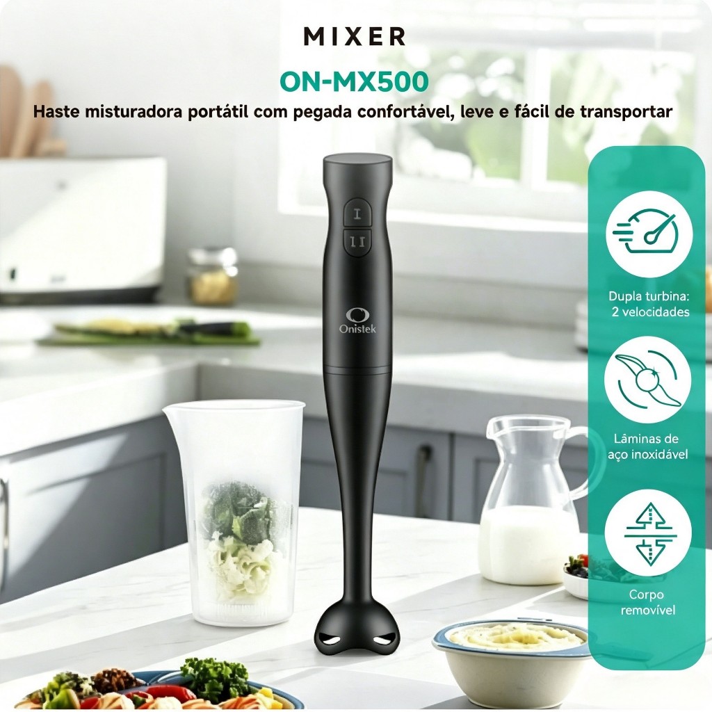Mixer De Mão Misturador Elétrico De Alimentos Portátil Lâmina Inox 2 Velocidades 200W Preto