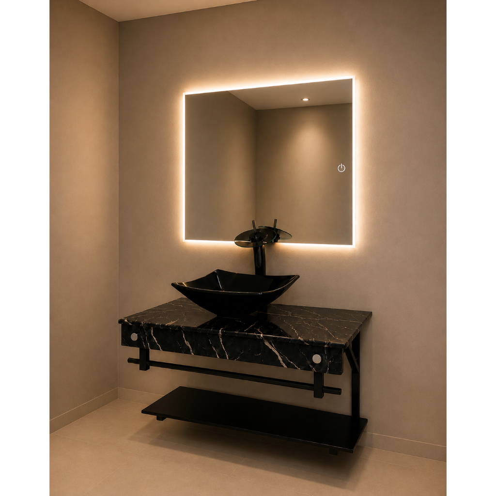 Kit Lavatorio para Banheiro Com Espelho Com Led Touch 40x40 50x40 60x40 Com Cuba Quadrada Moderno Frontal de Luxo Cores