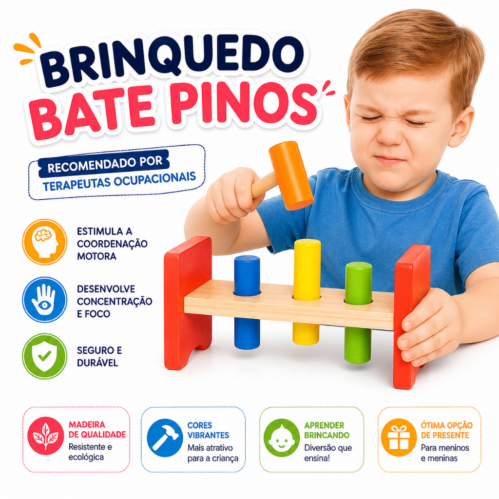 Bate Pinos Brinquedo de Madeira Montessori com Martelo Educativo Coordenação Motora Infantil
