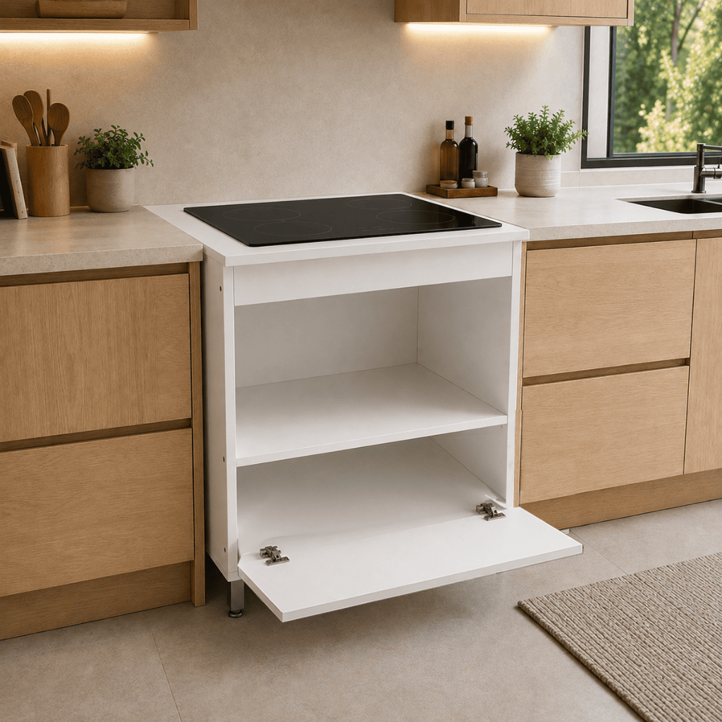 Balcao para Cooktop 4 Bocas Inducao e Gas com Espaco para Forno Armario de Cozinha Modulo com Porta Basculante