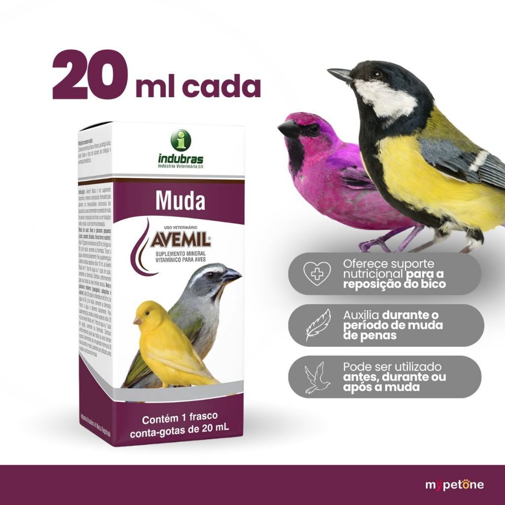 Avemil Muda 20ml Indubras Suplemento Para Pássaros e Aves