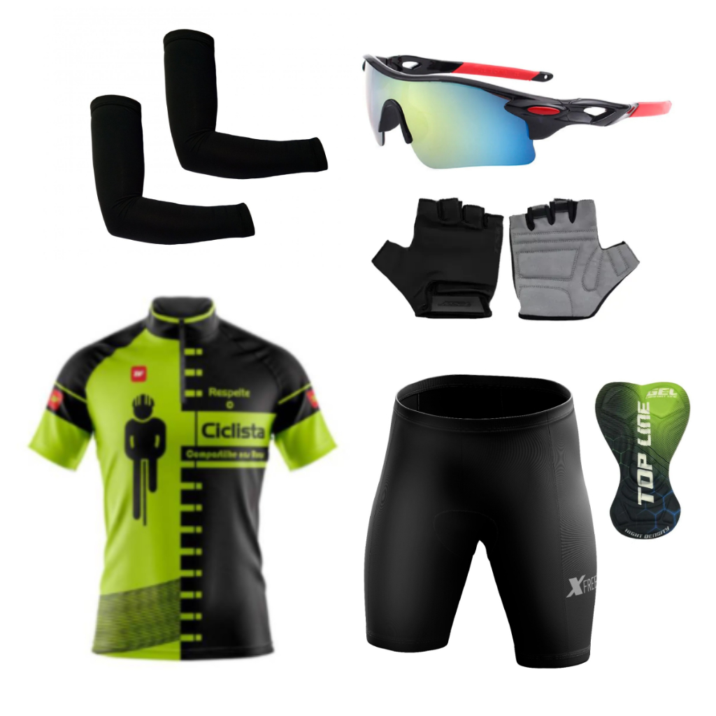 Conjunto  Uniforme Roupa Ciclismo  Camisa e Bermuda Bike Masculino óculos par de luvas e par de manguito