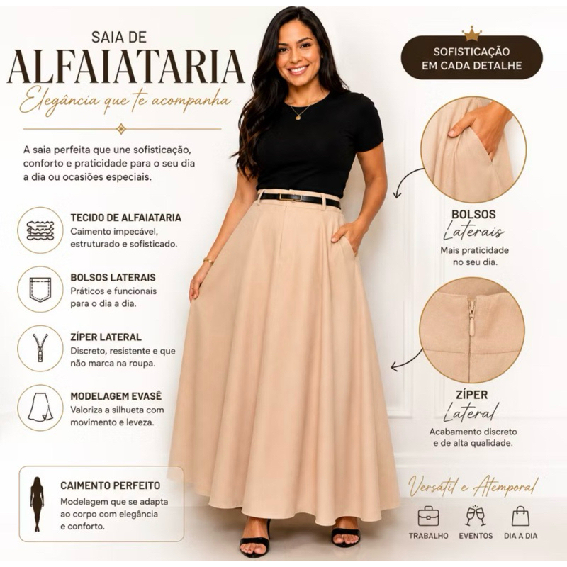 SAIA RODADA LONGA FEMININA ALFAIATARIA MODA EVANGÉLICA CASUAL BÁSICA INVERNO CINTURA ALTA ELEGANTE TENDÊNCIA