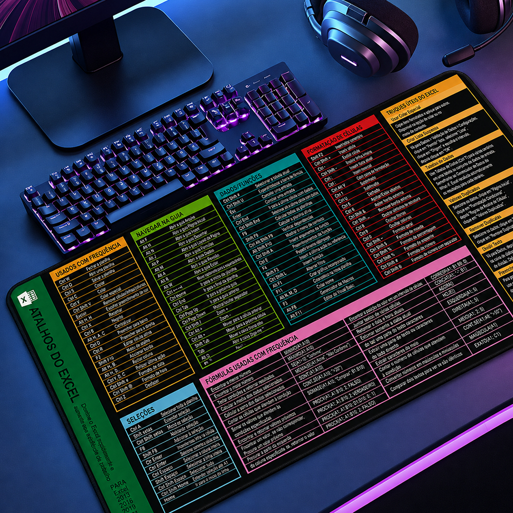 Mouse Pad Atalho Software Português XXL Antiderrapante Setup Speed Extra Grande Diversas Borda Costurada