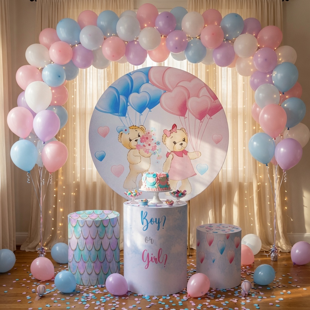 Kit Painel e Cilindro Sublimados Tecido Helanca Premium Decoração Infantil Ursinhos Chá Revelação