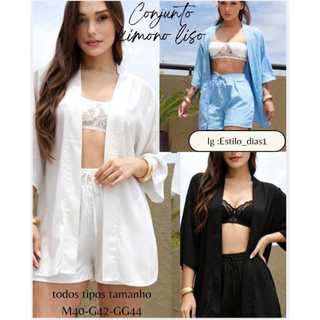Conjunto Kimono Femenino lisa,Moda Verão blusa manga flare e short com bolso .Elegante M …