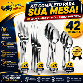 Jogo de Talheres Com 42 Peças Garfo Colher Faca Colher de Sobremesa Inox Polido