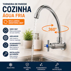 Torneira para Cozinha de Parede Prata com Bica Curva Monocomando Água Fria