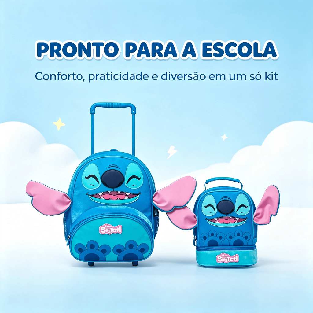 Kit Escolar Stitch Pré-Escolar Mochila Rodinha Lancheira Pelúcia Infantil Disney