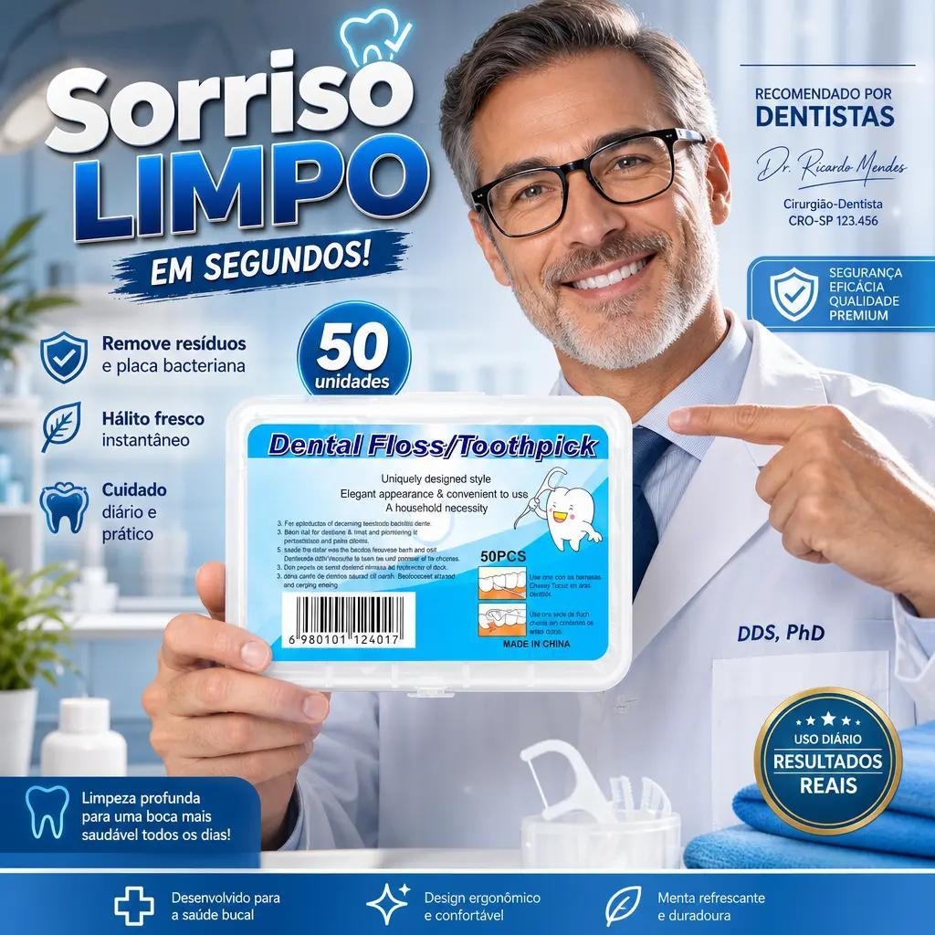 Pacote com 50 Fios Dentais de Uso Profissional – Haste Ultra Resistente que Remove Placa e Restos sem Desfiar.