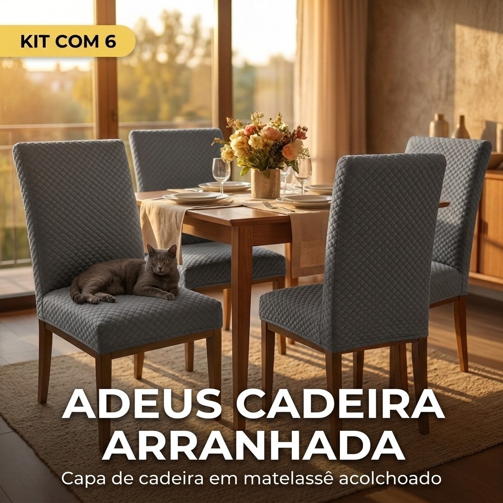 Kit 6 Capa de Cadeira Anti Arranhão Gato Em Matelassê Tamanho Universal Encaixe Perfeito Tecido Elegante Premium