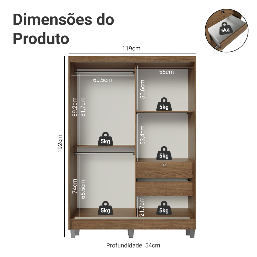 Guarda-Roupa Solteiro Madesa Luke 2 Portas de Correr com Espelho com Pés - Rustic · foto 2