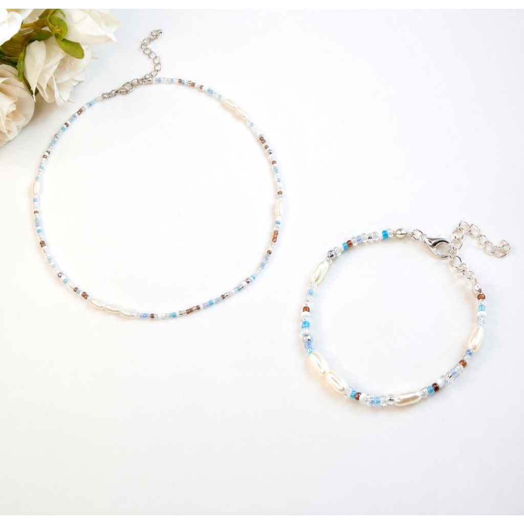 2 pçs Kit Colar e Pulseira de Miçangas Sortido Azul e Pérolas Grão - Kit Elegance Azul - Colar de Perola