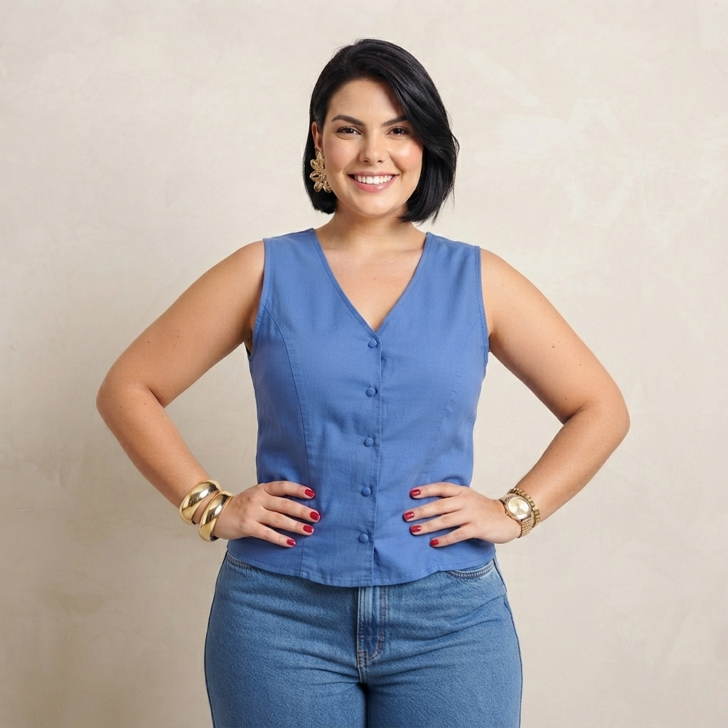 Blusa Feminina Regata Social Azul Decote V com Botões Elegante Casual Trabalho Confortável