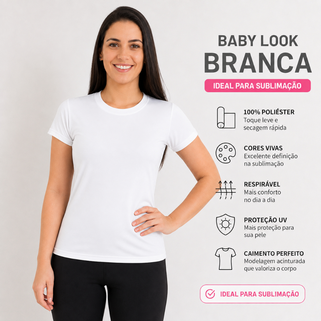 Camiseta Baby Look Branca 100% Poliéster Feminina Para Sublimação - Gola Redonda