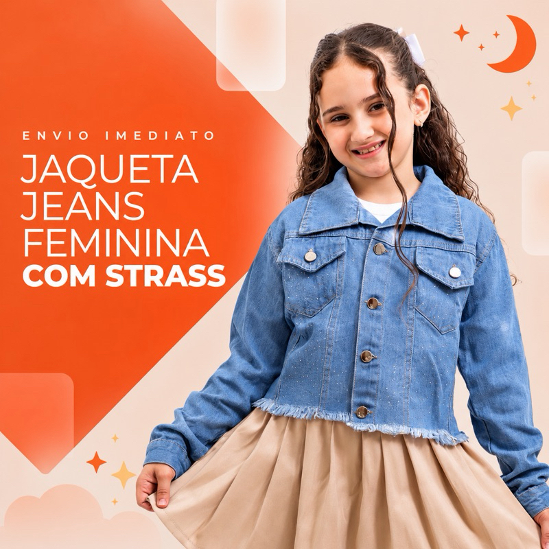 Jaqueta Jeans Infantil menina Feminina Cropped com Strass Jeans Premium blogueirinha Tamanhos 2 ao 16