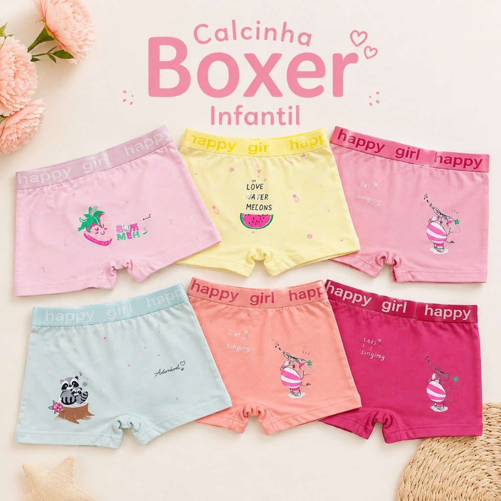 Kit Calcinha Boxer Infantil Shortinho Menina Macia Confortável Estampada 2 a 6 Anos