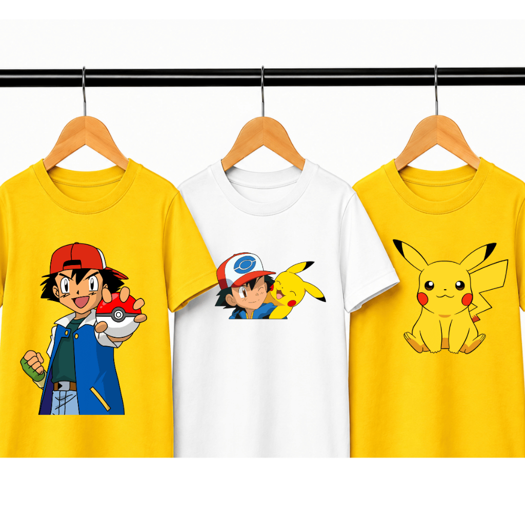 Conjunto 3 Camisetas Infantil 100% Algodão Tema Pokémon Pikachu Ash