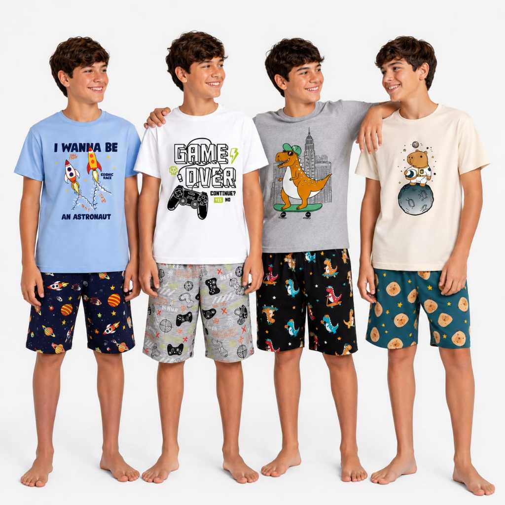 Kit 2 Pijamas Infantil Juvenil Menino Brilha no Escuro 10 ao 16 Camiseta e Shorts Algodão Verão