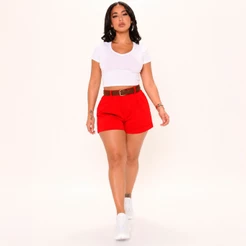 Short Alfaiataria Cinto Couro Bermuda Cintura Alta Feminina Shortinho Cós Alto Liso Luxo Pr