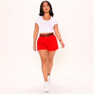 Short Alfaiataria Cinto Couro Bermuda Cintura Alta Feminina Shortinho Cós Alto Liso Luxo Pr