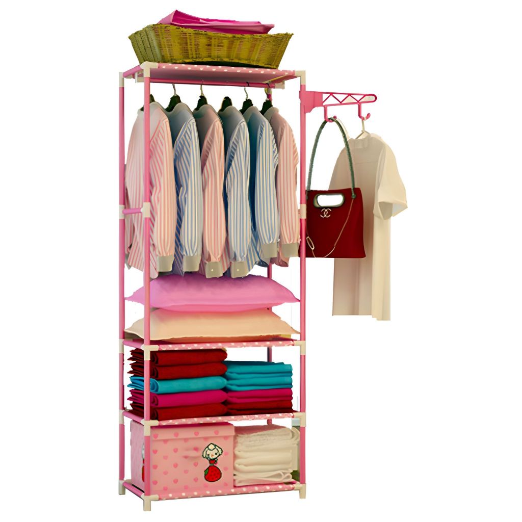 Guarda-Roupa Infantil Cabideiro Arara Organizador 3 Prateleiras Gancho Lateral Rosa 170cm