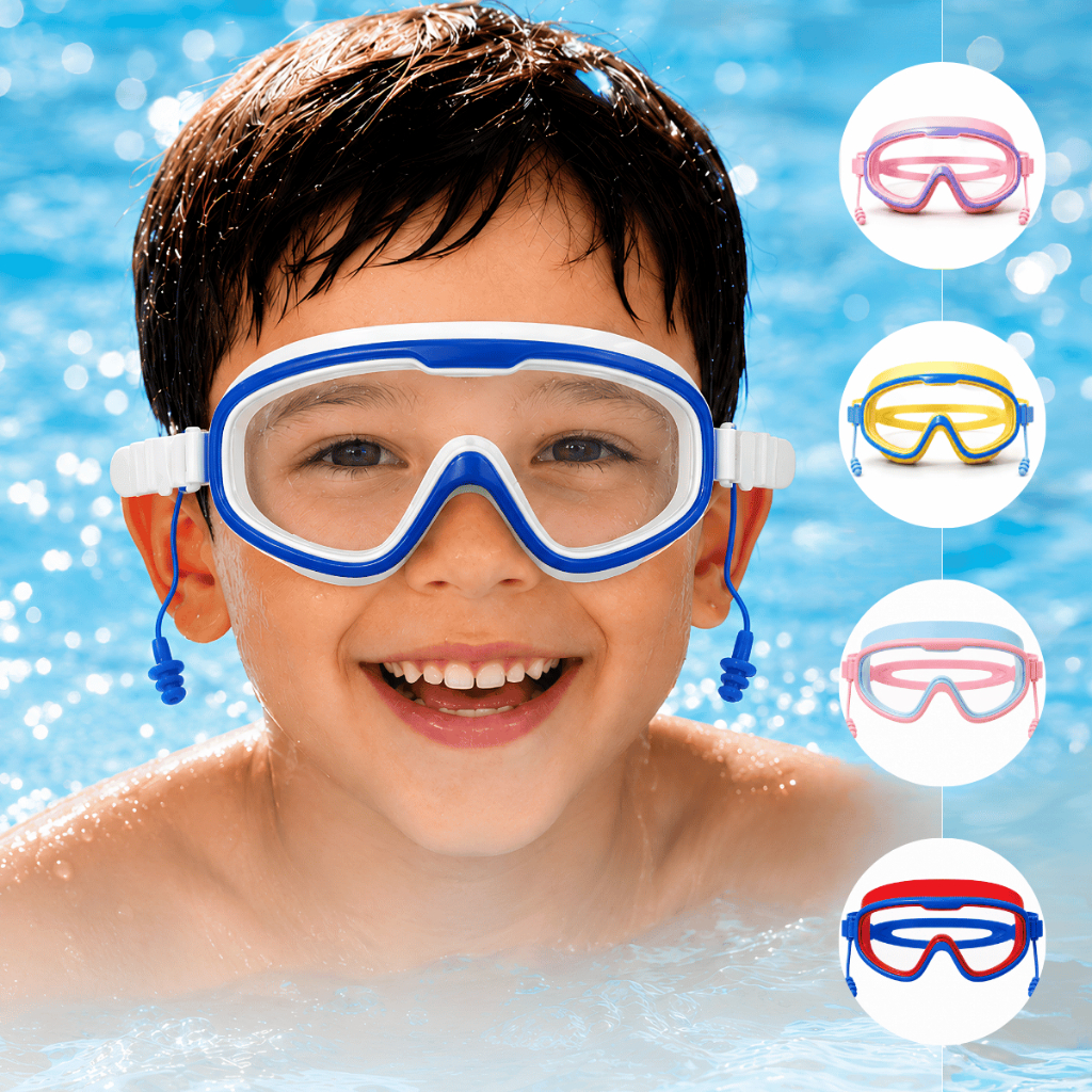 Óculos Natação Infantil Antiembaçante Prova D'agua Protetor Orelha Silicone Ajustável Crianças Meninos Meninas Piscina