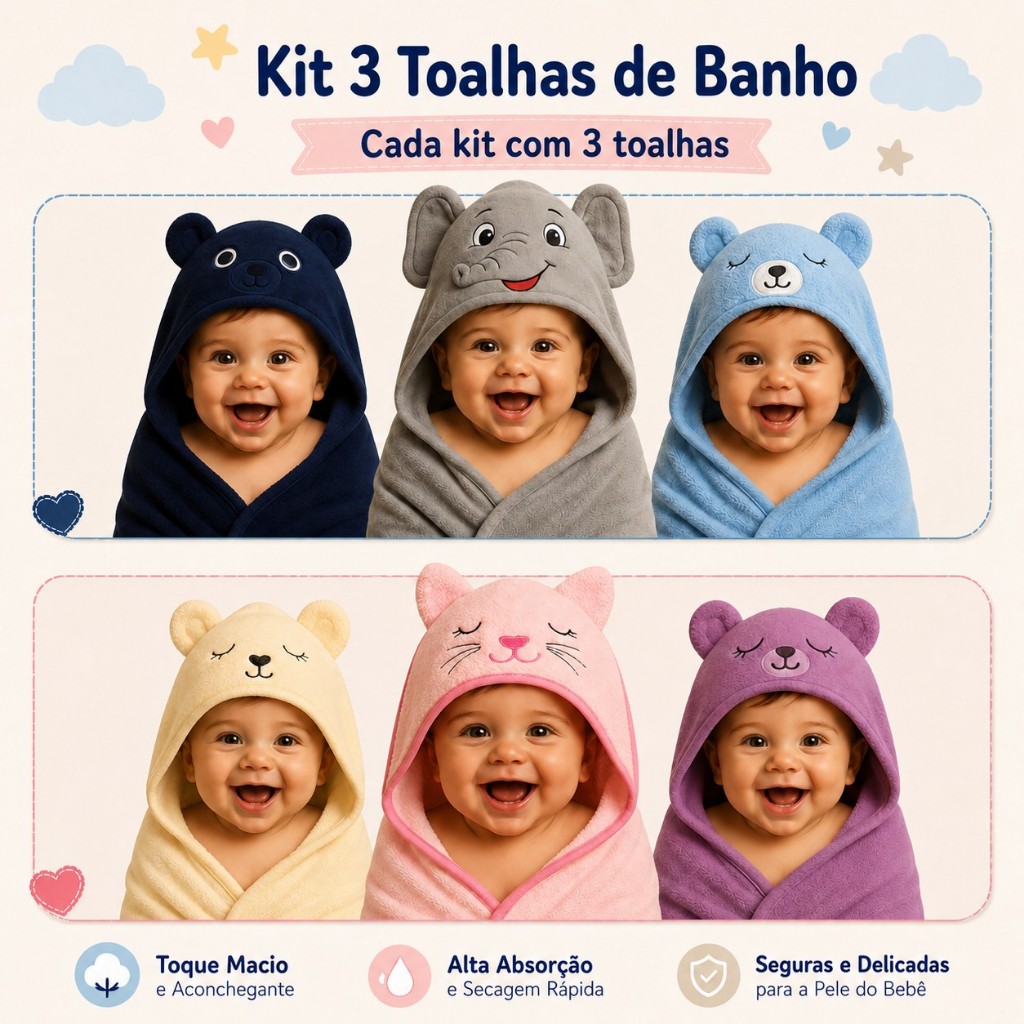 Kit 3 Toalhas Banho Bebê Capuz Bordado Forrada Soft Fleece Macio