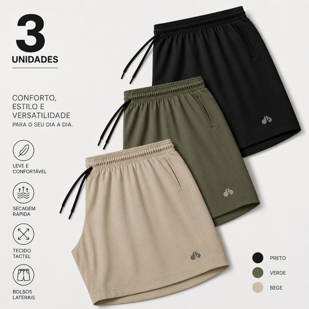 KIT 3 SHORTS TACTEL ELASTANO MASCULINA BERMUDA ACADEMIA PRAIA CAMINHADA ULTRA LEVE