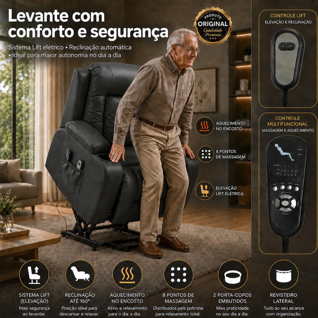 Poltrona do Papai Lift Sala de Estar Reclinável Austin Elétrica Aquecimento Massagem PU Preto G94