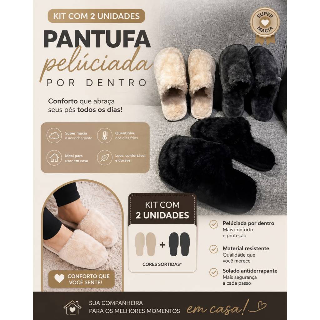 Kit 2 Pantufa de Inverno Peluciada Feminina Masculina Chinelo de Quarto Macia Antiderrapante Forrada super quente”