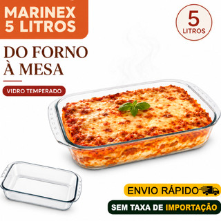 Lasanheira Assadeira de Vidro temperado Marinex 5L Travessa Funda Grande Retangular vai ao forno