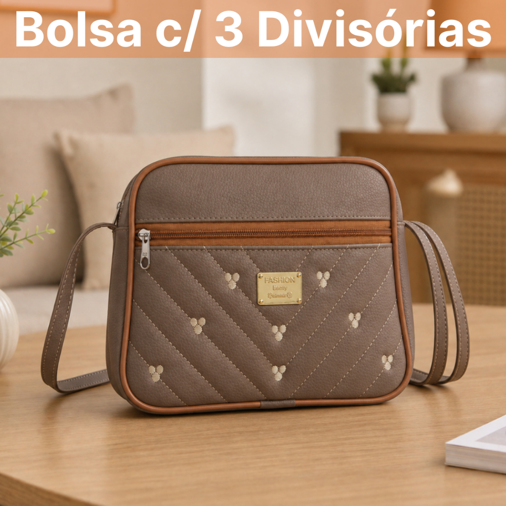 Bolsa Feminina Quadrada Média Transversal Tiracolo De Ombro 3 Divisórias Alça Ajustável