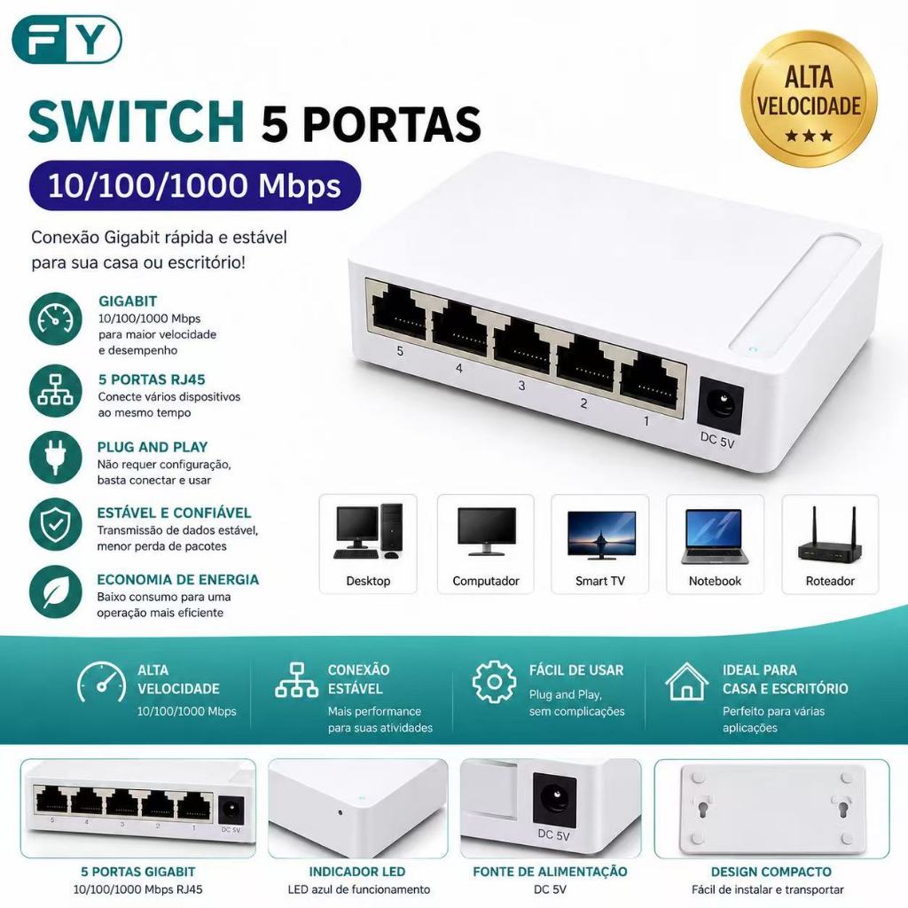 Hub Switch De Rede Internet Rj45 5 Portas Gigabit 10/100/1000mbps Rj45 Bivolt para PC Roteador