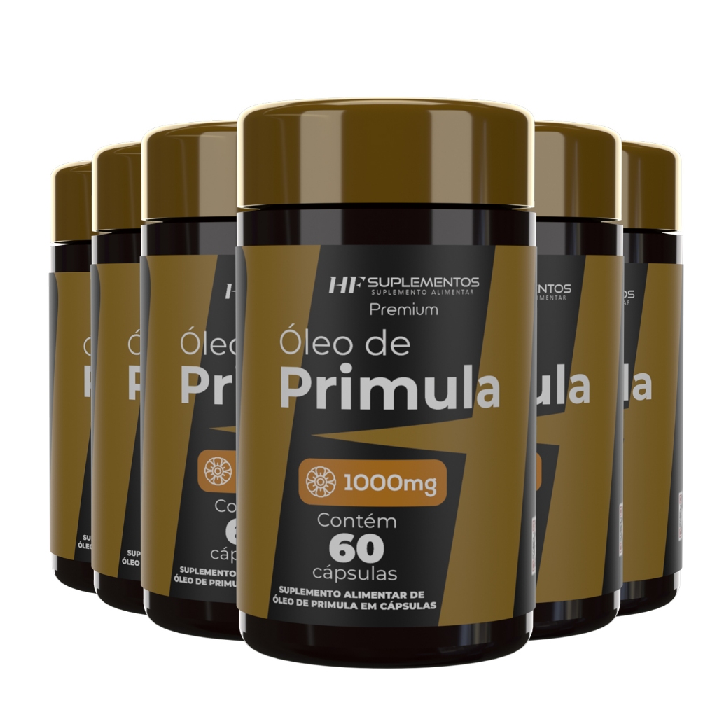 Kit 6 unidades Óleo de Prímula 1000mg Premium 60 cápsulas HF Suplementos – Saúde da Pele e Bem-Estar Feminino!