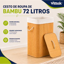 Vittak Cesto de Roupa Suja Bambu 72 Litros Dobrável Com Tampa, Forro Removível e Alças de Corda