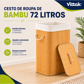 Vittak Cesto de Roupa Suja Bambu 72 LITROS Lavanderia com Tampa Retangular Forrado Quarto…