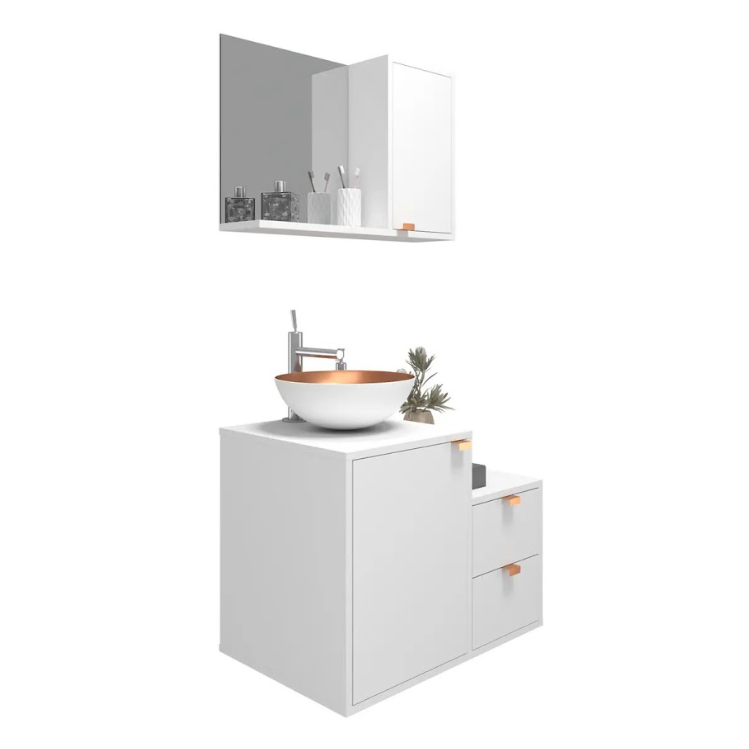 Kit Gabinete Banheiro Compacto Luxo Com CUBA E ESPELHO E Gavetas Branco Preto